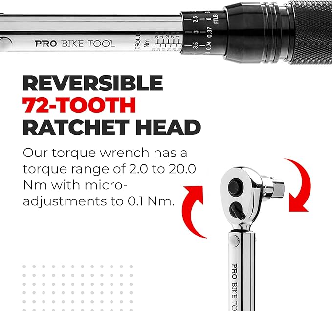 PRO BIKE TOOL Adjustable Torque Wrench Set - High-Precision 1/4 Wrench with 2-20 Nm Range - Complete Bike Tool Kit with Hex, Torx Bits, and Case for Easy Storage