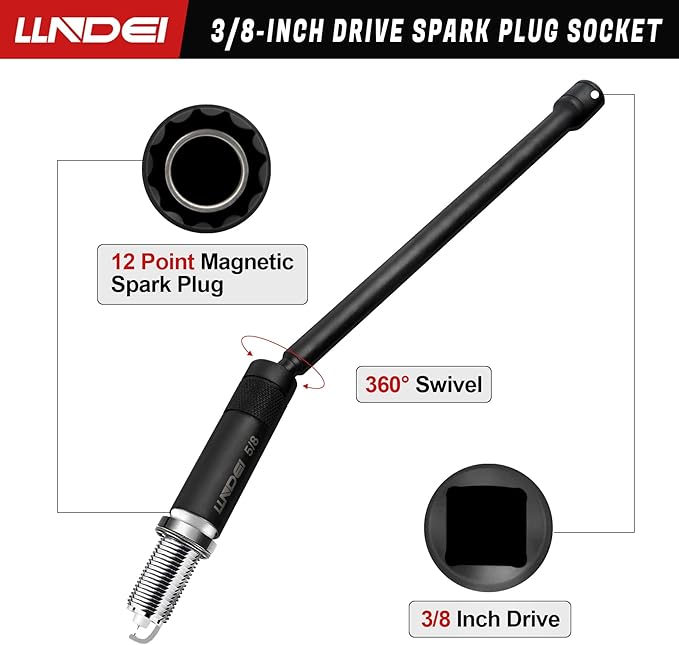 LLNDEI 3/8-Inch Drive Magnetic Swivel Spark Plug Socket Set, Include 12-Point: 14MM 4-inch, 5/8-inch 4-inch, 9/16-inch 6-inch, 5/8-inch 6-inch, 13/16-inch 6-inch and 5/8-inch 11-inch