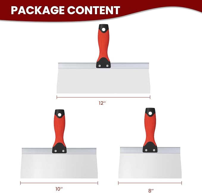 Drywall Taping Knife Stainless Steel, 3 PCS Taping Knives, 8"/10"/12" Premium Drywall Skimming Blades,Perfect Tool for Finishing and Patching