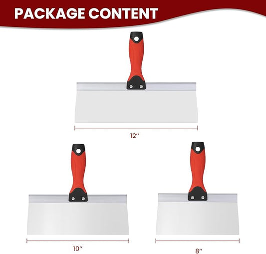 Drywall Taping Knife Stainless Steel, 3 PCS Taping Knives, 8"/10"/12" Premium Drywall Skimming Blades,Perfect Tool for Finishing and Patching