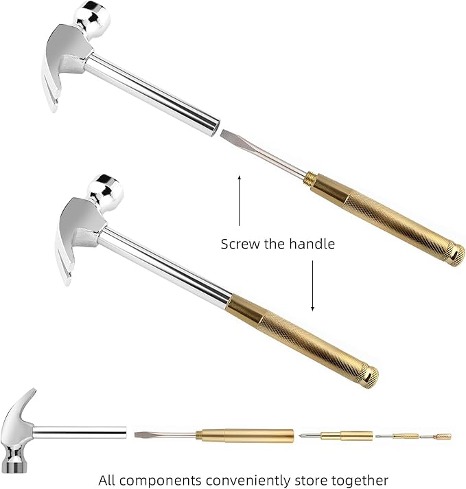 Small Metal Hammer 6 in 1 with Slotted/Flat Head Phillips Screwdriver Claw Hammer Manual, Portable Multifunction Tool Hammer (Gold Silver)