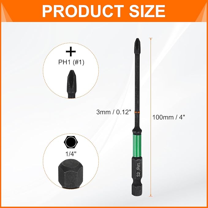 HARFINGTON 3pcs #1 Impact Phillips Screwdriver Bit PH1 1/4" Hex Shank 4" (100mm) Long 0.12" Rod Magnetic Cross Head Drill Bits S2 Steel Industrial Screw Driver for Impact Power Drivers