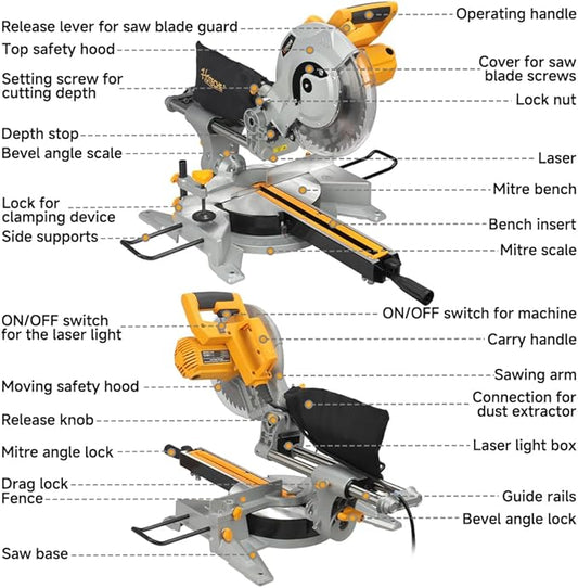 Hoteche 10-Inch Sliding Compound Miter Saw 15-Amp Single Bevel Power Chop Saw with Laser Guide for Wood and Metal Working