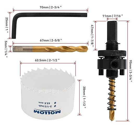 Mollom (63.5mm | 2-1/2") HSS M42 with 8% Cobalt BI-Metal Hole Saw with 2 Pilot Drill Bits & Arbor Smooth Cutting for PVC,Drywall,Wood,Plastic,Gypsum Board,Rubber