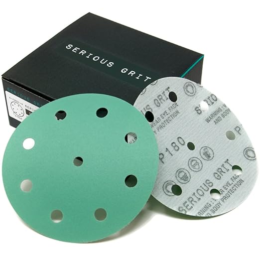 Serious Grit - 5-Inch 9-Hole 180 Grit Sanding Discs - Heavy-Duty Hook & Loop Film Discs - Sandpaper for Random Orbital Sanders - 50 Pack Box