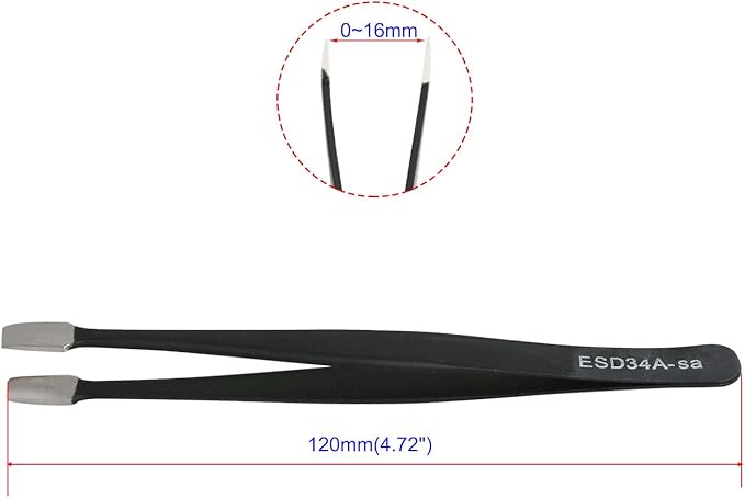 Aoje-Link ESD-34a Professional Anti-Static Precision Technology Tweezers, Non-magnetic Flat Straight, Stainless Steel Plastic Coated, Full Length 120mm, Black, 2pcs