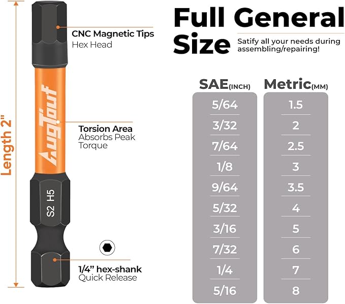 toolant 10pcs (SAE) 1/4' Hex-Shank S2 Steel Hex Bits Set, CNC Machined Tips with Magnetism, 2' Long with Storage Box
