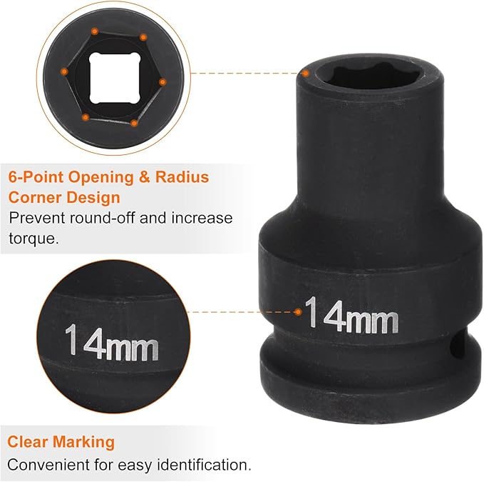 HARFINGTON 6-Point Impact Socket 3/4" Drive 14mm Metric 40Cr Alloy Steel Spindle Axle Nut Impact Socket