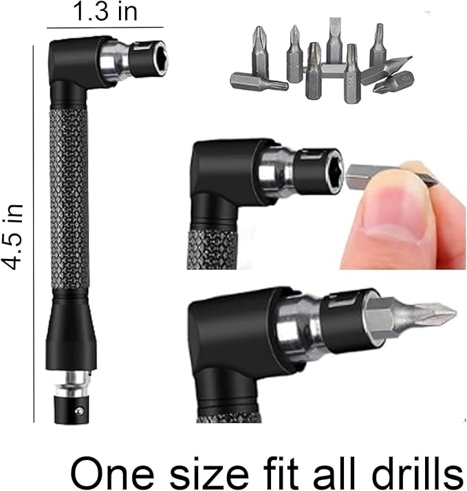 17-Pieces Flexible Drill Bit Extension Set with 3 rotatable socket adapters, 2 hex shank 105째 right angle drill attachments, 10 short screwdriver bits, and a 90째 angled bit with a flexible extension