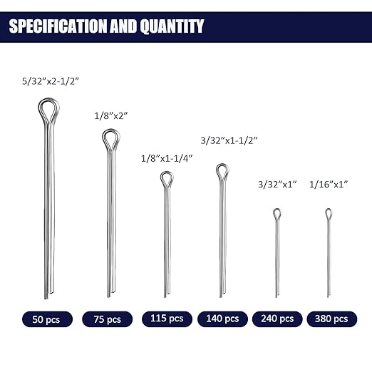 1000 Piece Cotter Pin Assortment Kit - 6 Sizes (1/16??to 5/32?? Durable Split Pins with Case, Corrosion-Resistant for Tractors, Trailers, Marine & Industrial Machinery - Bulk Multi-Size Cotter Key Set