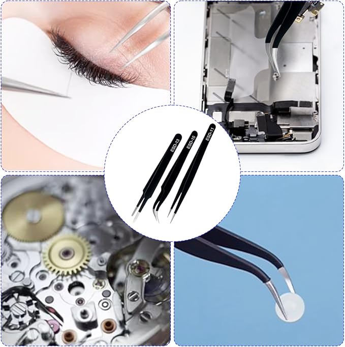 Precision Tweezers Set, 3 Pcs Upgraded Stainless Steel Anti-Static ESD Tweezers with Cleaning Cloth, for Craft, Electronic, Soldering, Model, Hobby, Jewelry Making, Laboratory Work, DIY