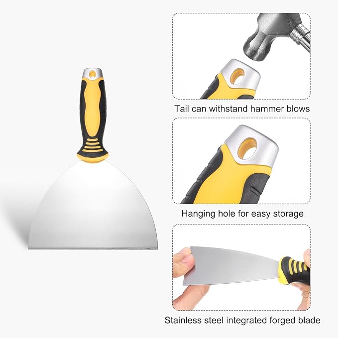 uxcell Putty Knife 6" High Carbon Steel Paint Scraper Flexible Drywall Repair Mud Knife for Removing Cement Wallpaper Mud Adhesive Taping with Metal Hammer End