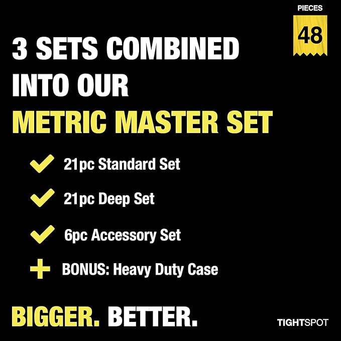TIGHTSPOT 1/2 inch Drive 48pc Impact Socket Metric Master Set, our Most Complete Metric Set Ever W/ Sizes From 8mm - 32mm, Standard/Deep Sockets W/ Extension Bars & Adapters & More