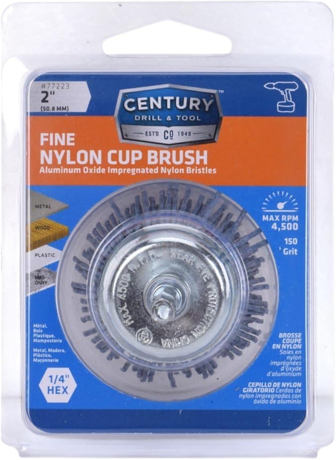 Century Drill & Tool 77223 2" Fine Nylon End Brush, 150 Grit, 1/4" Quick Change Shank, 4,500 RPM - Nylon Bristles for Metal, Wood, Plastic, Masonry