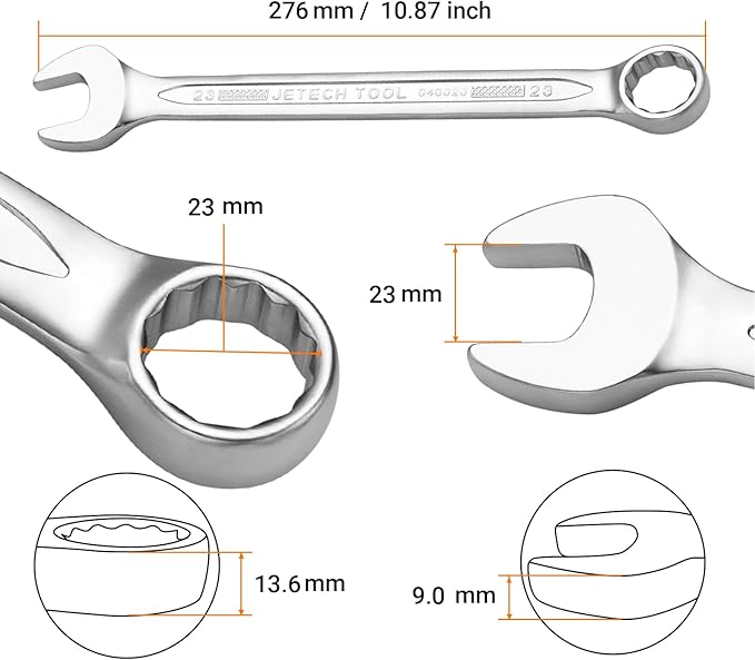 Jetech 23mm Combination Wrench - Industrial Grade, Chrome Vanadium Steel, Sand Blasted Finish, 12-Point Design, 15-Degree Offset, Forged, Heat-Treated, Metric