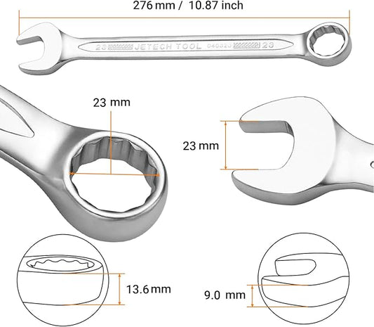 Jetech 23mm Combination Wrench - Industrial Grade, Chrome Vanadium Steel, Sand Blasted Finish, 12-Point Design, 15-Degree Offset, Forged, Heat-Treated, Metric