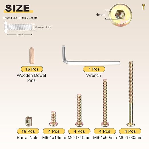 METALLIXITY Crib Screws Replacement Set(M6-1x16/40/60/80mm) 50Pcs, Carbon Steel for Beds Headboards Chairs Furniture, Yellow