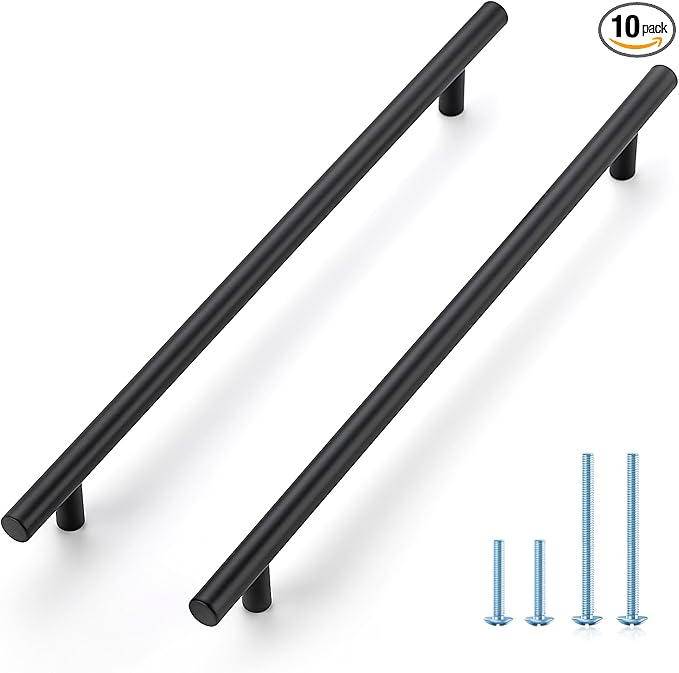 JOY DECOR 10 Pack 12-1/2 Inch Cabinet Pulls Kitchen Cabinet Handles with 10 Inch Hole Center Matte Black Cabinet Hardware Stainless Steel Kitchen Drawer Pulls for Cabinets Cupboard, 256mm Hole Centers