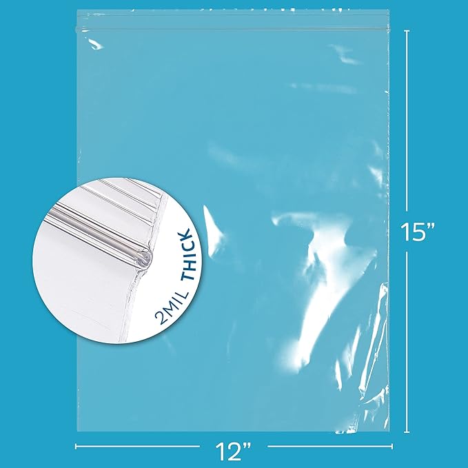 GPI - 12" x 15" Zip Bags, 200 Count, Clear Plastic Reclosable Zipper Poly Baggies, with Resealable Zip Top Lock. for Freezer, Apparel, Clothing, Food, Home & Office Supplies.