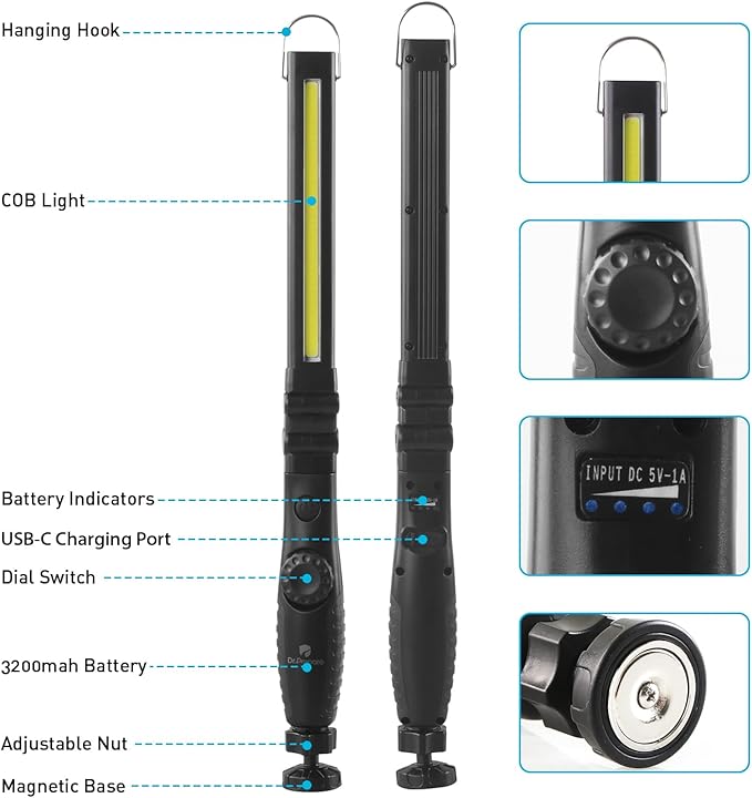 Dr. Prepare LED Work Light, 700 Lumens Foldable Rechargeable Work Light, 3200mAh Cordless Portable Magnetic COB LED Inspection Light for Car Repair, Home, Garage, Emergency