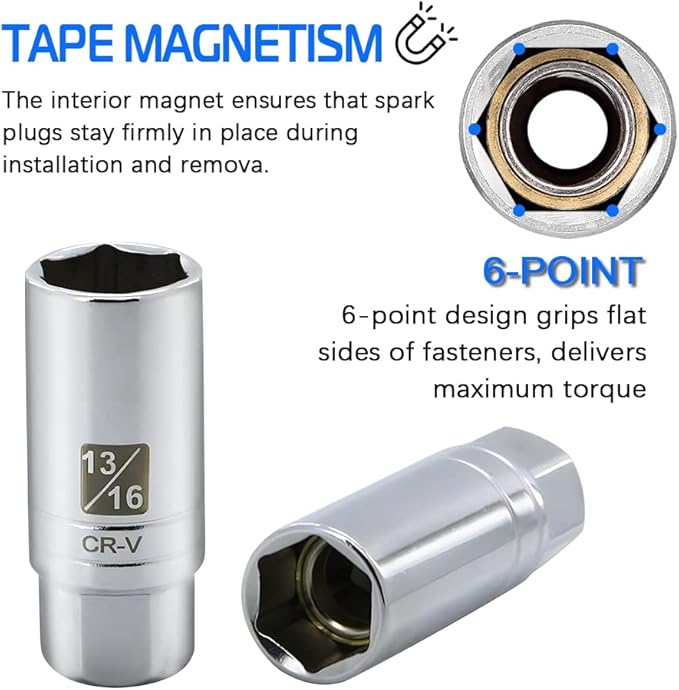 5PCS Magnetic Spark Plug Socket Set Includes 14mm 16mm Thin Wall Socket and 9/16-inch 5/8-inch and 13/16-inch Sockets 3/8-inch Drive Magnet Retains Spark Plugs