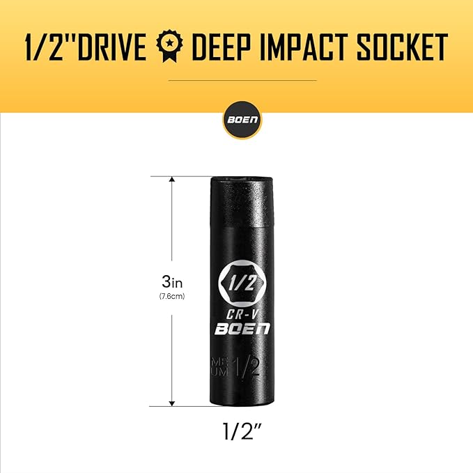 BOEN 1/2" Drive Deep Impact Socket,1/2 Inch Premium Socket,SAE,6 Point,Cr-V Steel with Laser Marking - Strong and Durable