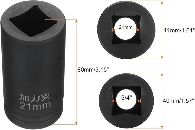 HARFINGTON 4 Point Square Socket 3/4" Drive by 21mm Metric Square Impact Socket 40CR Blackening Standard Wheel Sockets Pneumatic Socket Tool for Auto Repair Mechanical Maintenance Home Use