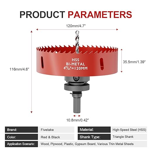 4-3/4" (120mm) Bi-Metal M42 High Speed Steel Hole Saw with Pilot Drill Bit, Smooth Cutting Edge for PVC, Drywall, Wood, Plastic, Gypsum Board, Rubber, Thin Metal