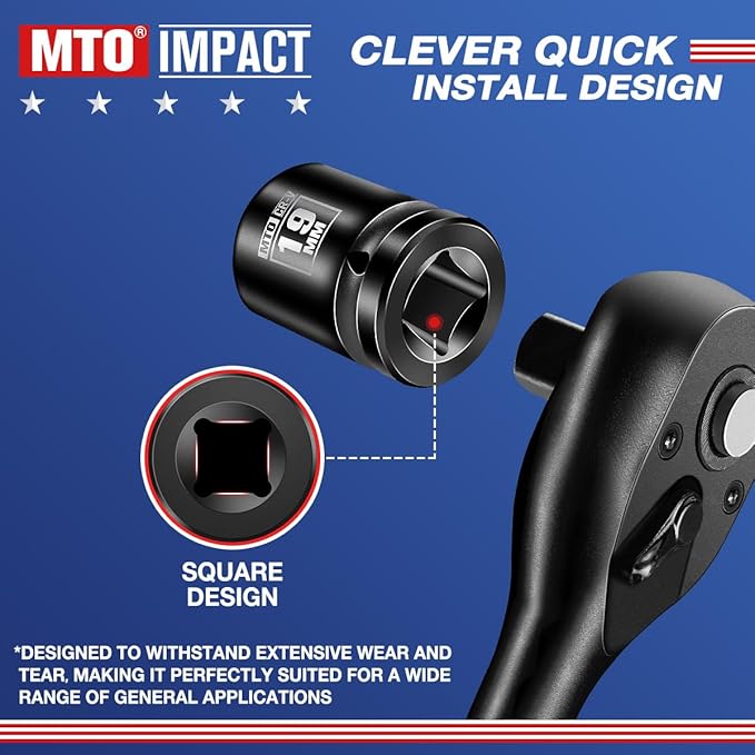 MTO 1/2" Drive 19mm Shallow Impact Socket, 6-Point Metric Socket for Automotive Maintaince, CR-V Steel Meets ANSI Standards