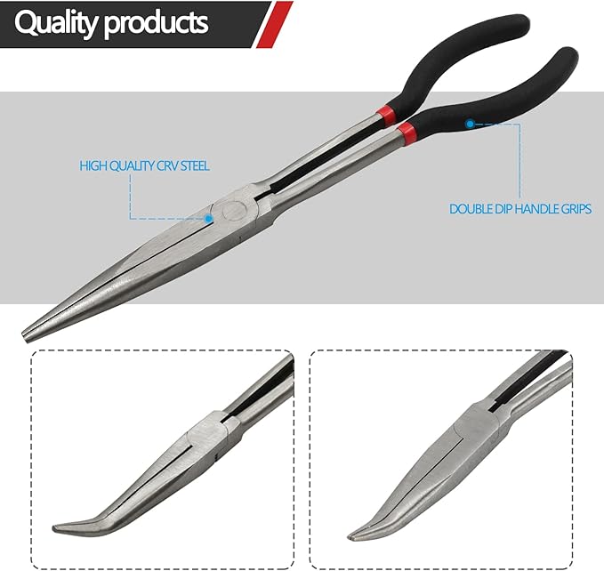 3-Piece 11" Precision Long Nose Pliers Set with Insulated Comfort Grip Handles,Straight Long Needle Nose Pliers,25/45 Degree Angle Curved Pliers for Wire Bending,Shaping,Trimming