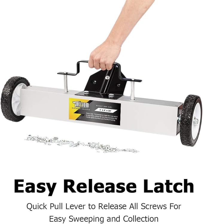 TUFFIOM 24-Inch Rolling Magnetic Pick-Up Sweeper | 50-LBS Capacity, with Quick Release Latch & Adjustable Long Handle, for Nails Needles Screws Collection