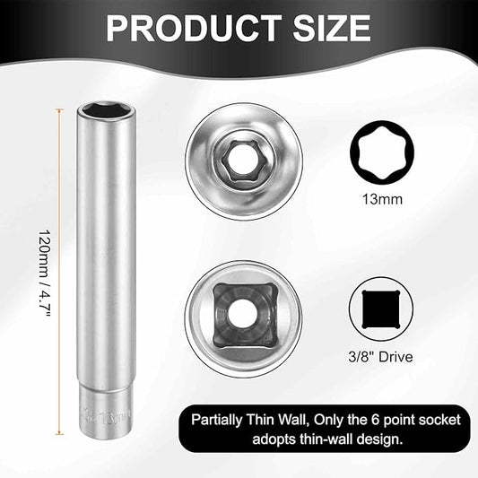 HARFINGTON 2pcs 6 Points Deep Socket 3/8" Drive 13mm Deep Metric CR-V Steel Polished Nickel Plating Flip Sleeve 120mm / 4.7" Extra Long Socket Tool for Home Auto Nuts Bolts Repair