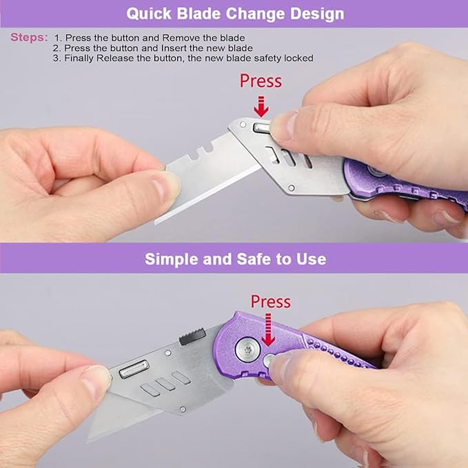 Vickay Folding Utility Knife, Box Cutter with 5 SK5 Quick Change Blades, Safety Axis Lock Design Razor Knife, Lightweight Aluminum Handle Belt Clip for Office Home Artcraft 竊뉽ight Purple)