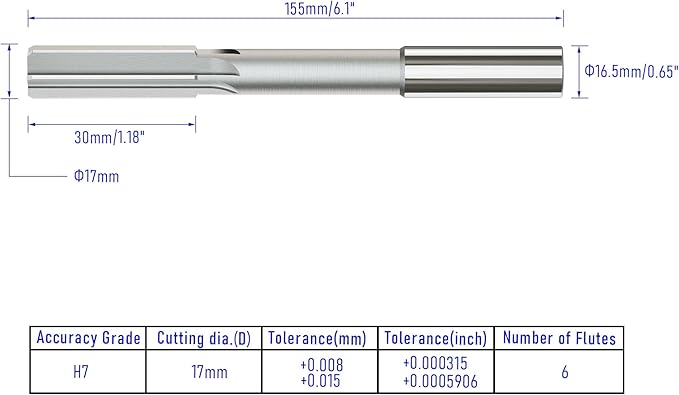Chucking Reamer 17mm, H7 HSS Cobalt M35 Lathe Machine Reamer Metric, 6 Straight Flutes, Round Straight Shank Milling Cutting Tool, for Stainless Steel Alloy Copper Metal