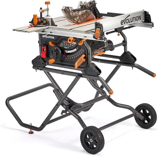 Evolution R10TBLX 10" Jobsite Table Saw with Wheeled Scissor Stand | 15A Motor | Multi-Material Cutting | 10" Blade | 26” Rip | 3-3/8” Depth | 0-45º Bevel | Precision Fence | Portable & Heavy-Duty
