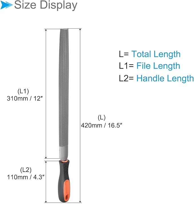 Half Round File, | 12 Inch File Length |, High Carbon Steel Medium Double Cut File Hand Rasp with Anti-Slip Grip Handle - (Applications: for Shaping Metal Wood Plastic), 1-Piece