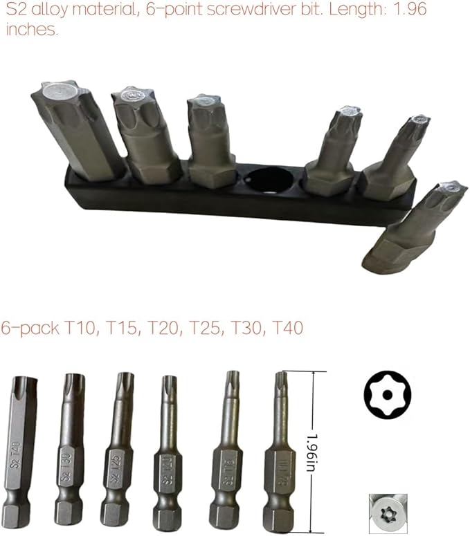 6-pack,torx screwdriver set,tamper proof torx bit set,security 1.96 inches long,S2 alloy steelmaterial, para,star bits (T10/T15/T20/T25/T30/T40)