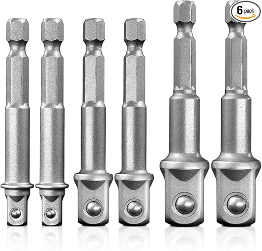 BOEN Impact Grade Socket Adapter Set, 6-PCS Drill Bit Adapter with Bit Holder, Sizes 1/4", 3/8", 1/2", 1/4-Inch SAE Hex Shank, Cr-V, for Cordless Drill & Screwdriver, Power Drill & Driver