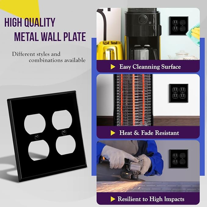 ENERLITES Duplex Receptacle Metal Wall Plate, Corrosion Resistant, Standard Size 2-Gang 4.50" x 4.57", Powder Coated Stamped Steel, 7722-BG, Black Gloss