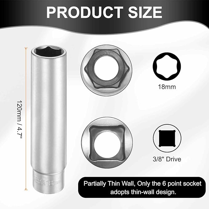 HARFINGTON 6 Points Deep Socket 3/8" Drive 18mm Deep Metric CR-V Steel Polished Nickel Plating Flip Sleeve 120mm / 4.7" Extra Long Socket Tool for Home Auto Nuts Bolts Repair