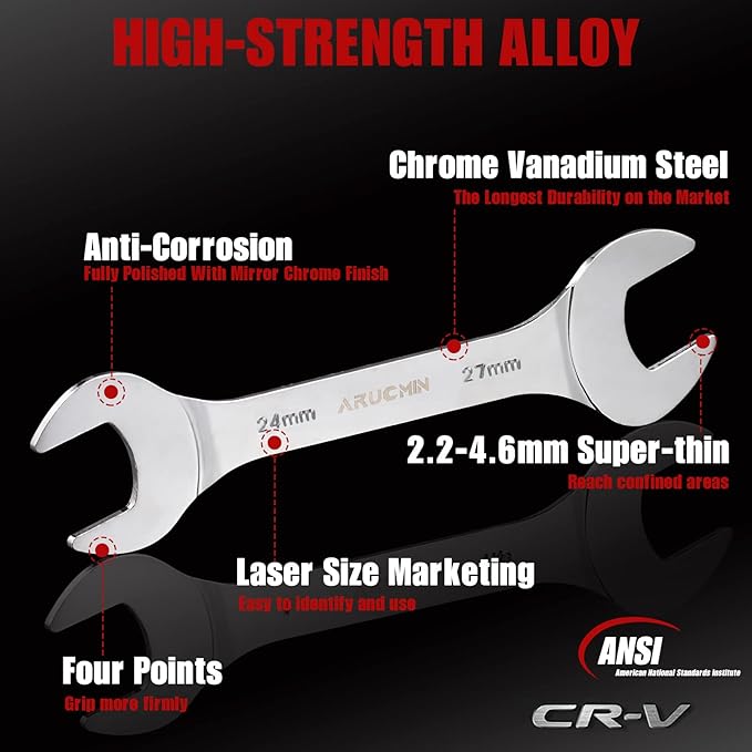 ARUCMIN Super-Thin Open End Wrench Set, 18-Piece SAE & Metric 1/4" to 1-1/16" and 5.5mm to 27mm Chrome Vanadium Steel Wrench Set with Rolling Pouch