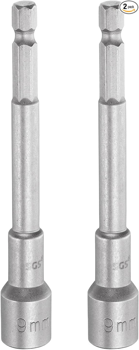 HARFINGTON 2pcs Nut Driver Drill Bit 9mm Metric Socket 1/4" Hex Shank 3.94" (100mm) Long Magnetic 6-Point Sockets Quick Change CR-V Steel Bolt Setters for Power Drill Drivers