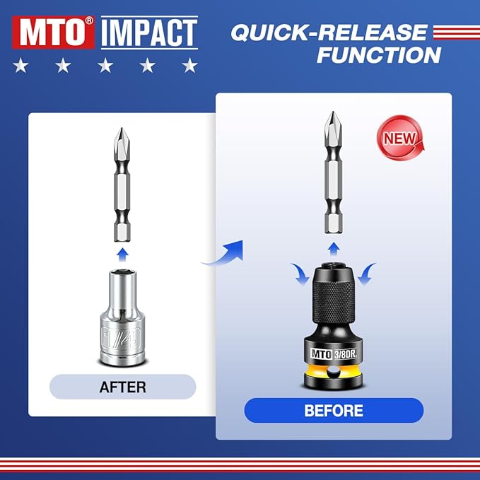 MTO 3/8-Inch Square Drive to 1/4-Inch Hex Socket Adapter, Quick Release Impact Bit Holder, for Impact Wrench Ratchet, CR-MO