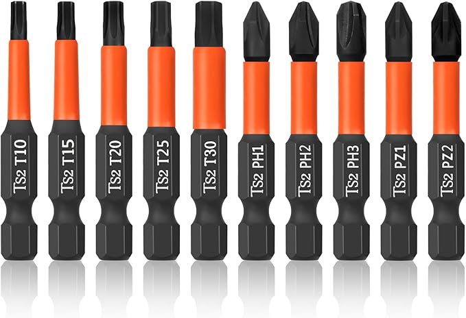 Pro Screwdriver Bit Set - 10 Piece (Torx T10/T15/T20/T25/T30, Phillips PH1/PH2/PH3, Pozi PZ1/PZ2), 50mm, 1/4" Hex Shaft, Storage Box
