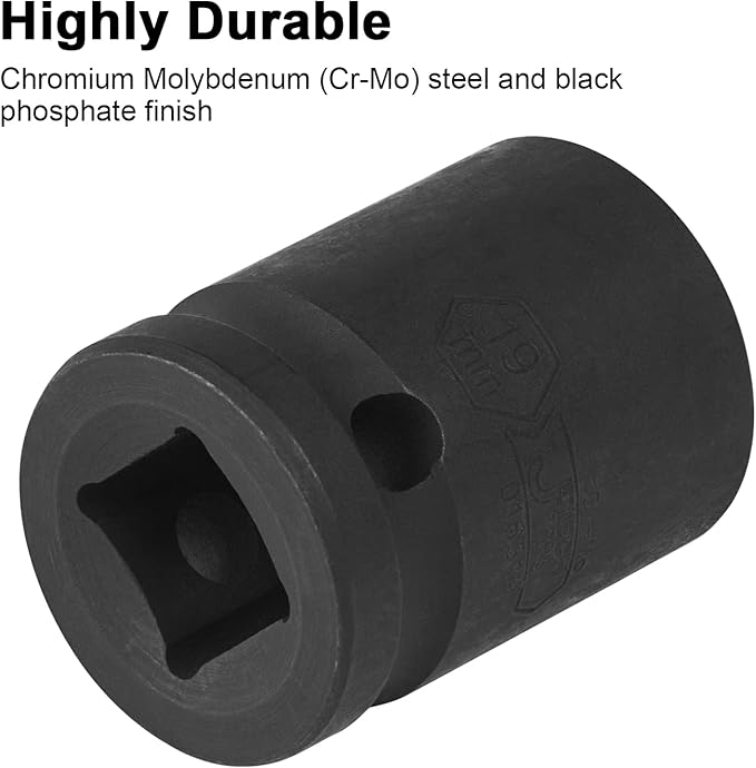 Jetech 1/2 Inch Drive 19mm Standard Impact Socket, Chrome Molybdenum Alloy Steel, 6-Point Design, Metric