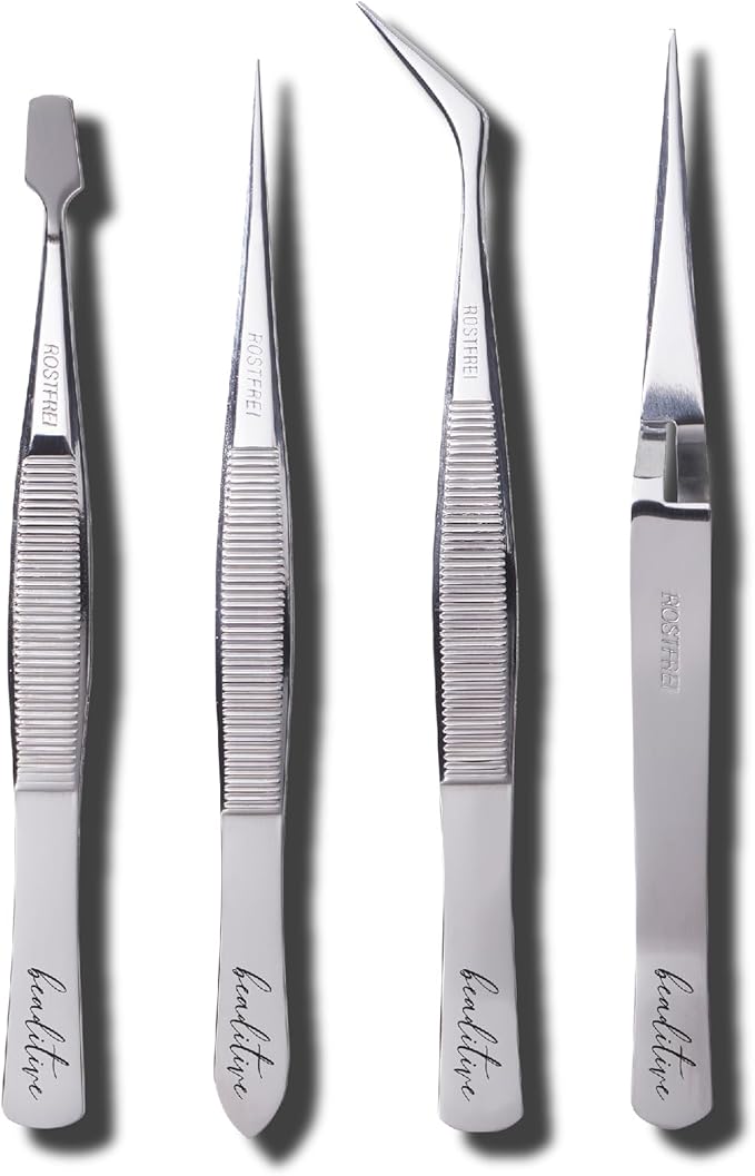 Beaditive Professional Stainless-Steel Precision Tweezer Set – Craft Tweezers for Jewelry & Nail Art – 4 Piece High Precision Jewelry Picking Tools – Jewelry Tools with Non-Serrated Tips