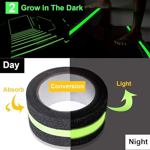 RELIANCER Anti Slip Safety Grip Tape 2inx30ft Green Glowing in The Dark Non Skid Stage Safety Tape High Traction Grit Stairs Tape Hazard Caution Warning Tape for Steps (2"횞30', Green&Black)