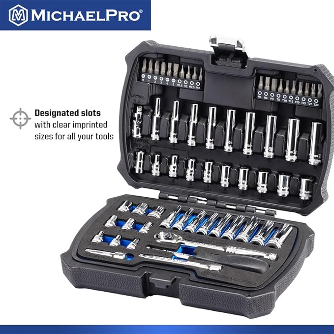 MichaelPro 62-Piece 1/4'' Dr. Socket Set, 90-Tooth Standard & Deep Sockets, SAE 3/16''-1/2'' & Metric 4-12mm, CR-V Steel, 6-Point Design, with Ratchet, Extensions, Spinner Handle, 1/4" Bits | MP005059