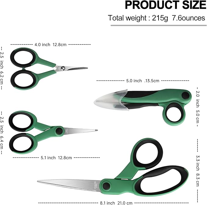 Premium Sewing Scissors Bundle - Heavy Duty Fabric Scissors (8"), Embroidery (5"), Small Detail (4"), Thread Snips (5"), Tailoring, Dressmaking, Quilting, Arts&Craft Supplies, Green
