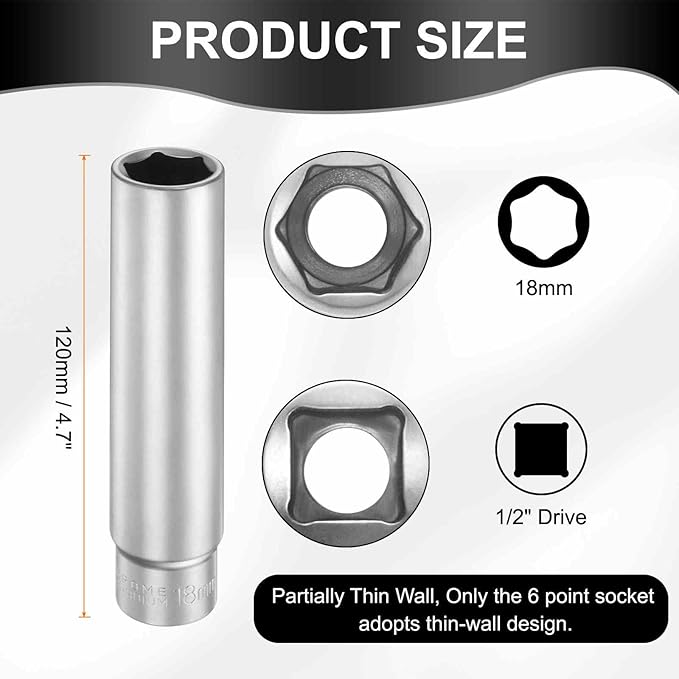 HARFINGTON 6 Points Deep Socket 1/2" Drive 18mm Deep Metric CR-V Steel Polished Nickel Plating Flip Sleeve 120mm / 4.7" Extra Long Socket Tool for Home Auto Nuts Bolts Repair